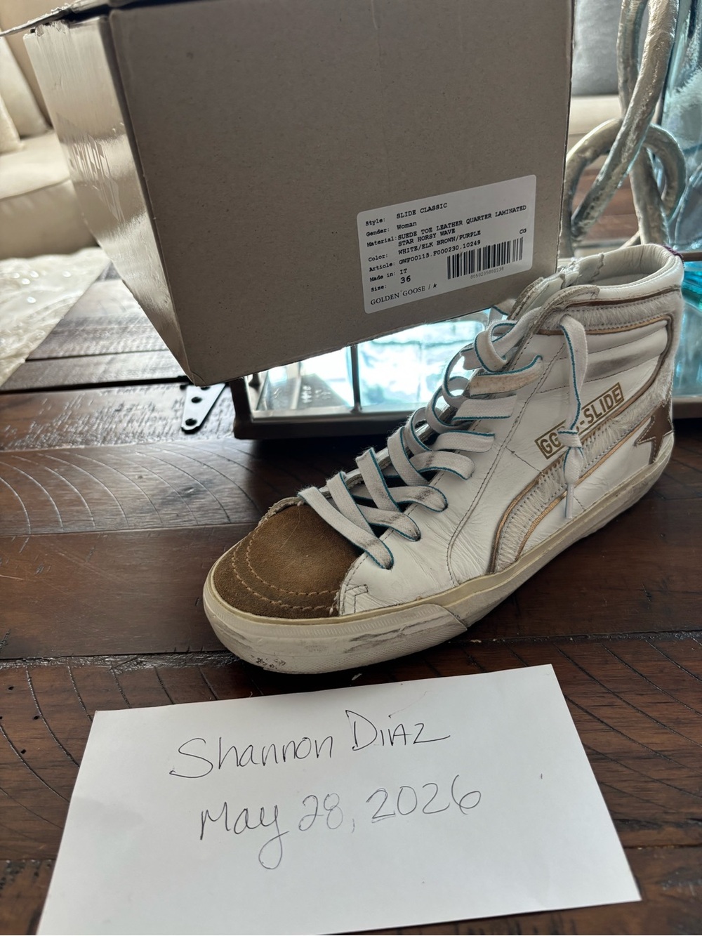 Golden Goose Slide Sneakers Size 36 White Leather Brown Star Distressed hi Top